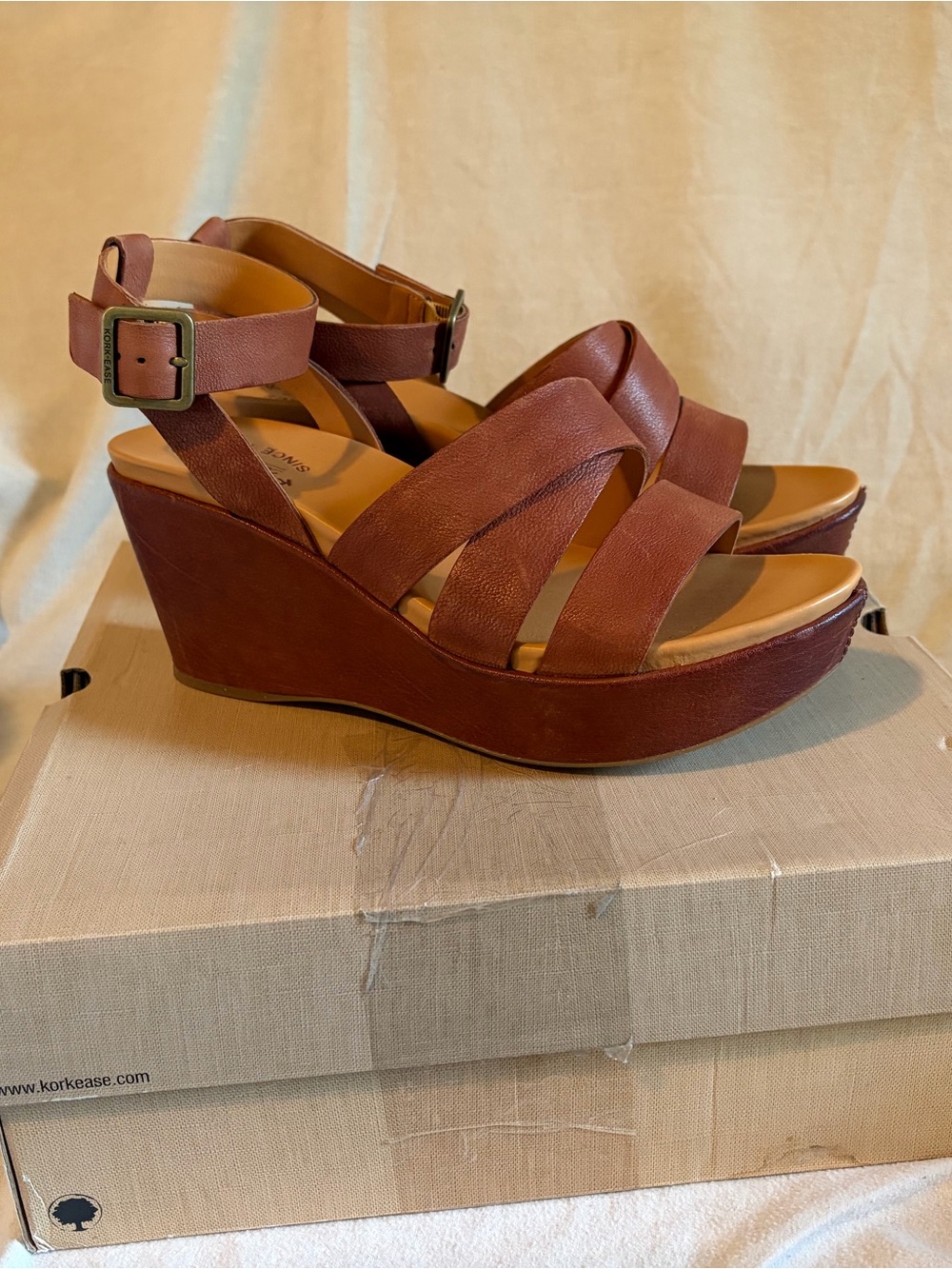 Kork-Ease Chestnut Brown Leather Wedge Sandals